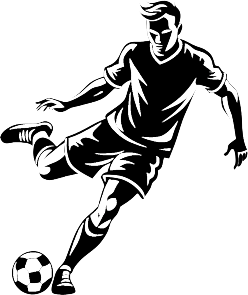 Black stencil design of soccer player silhouette. . png
