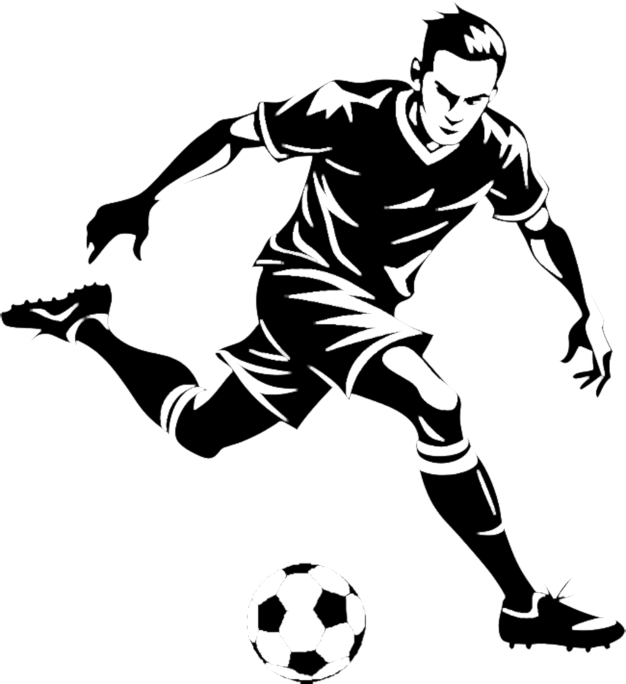 Iconic black stencil soccer player kicking ball. . png