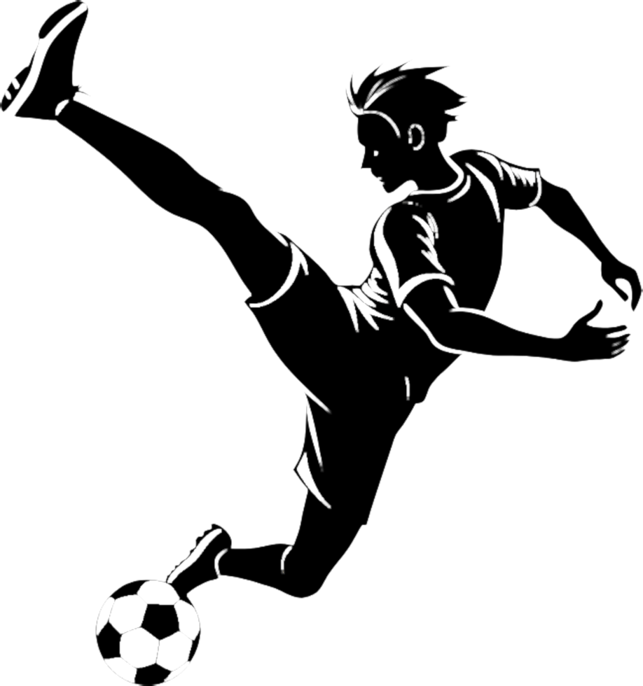 Black stencil artwork of soccer player action. . png