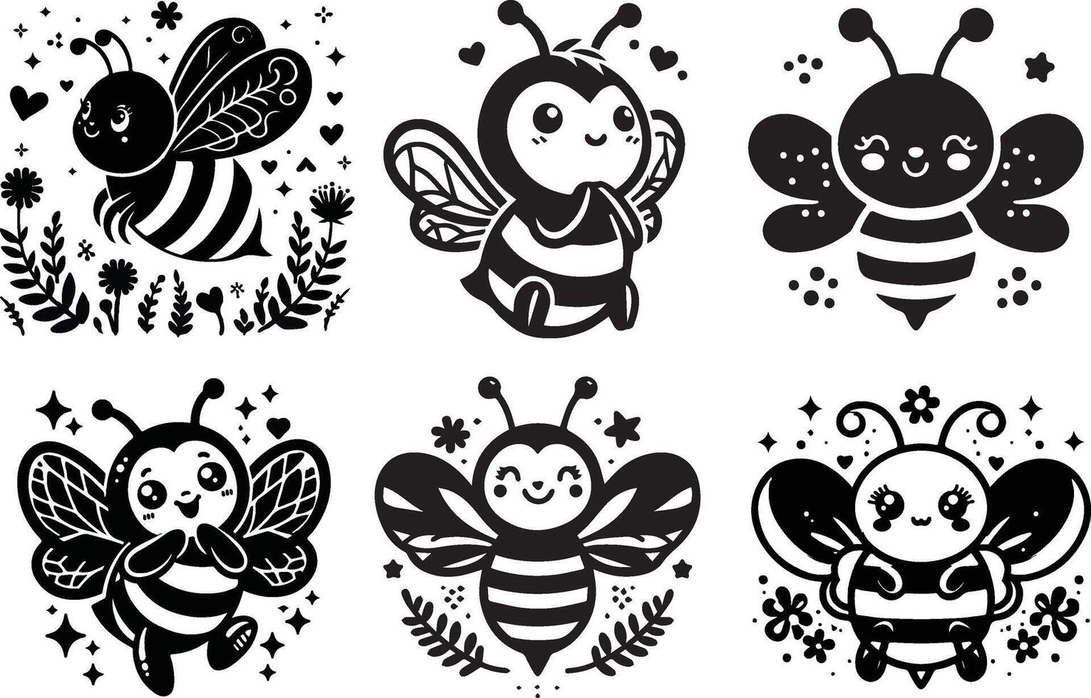 set of bee silhouette vector