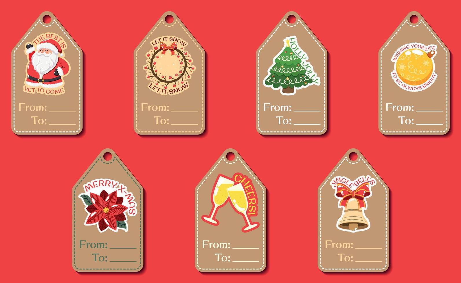 Merry Christmas and Happy New Year tags for presents, craft paper tags with stickers and text vector