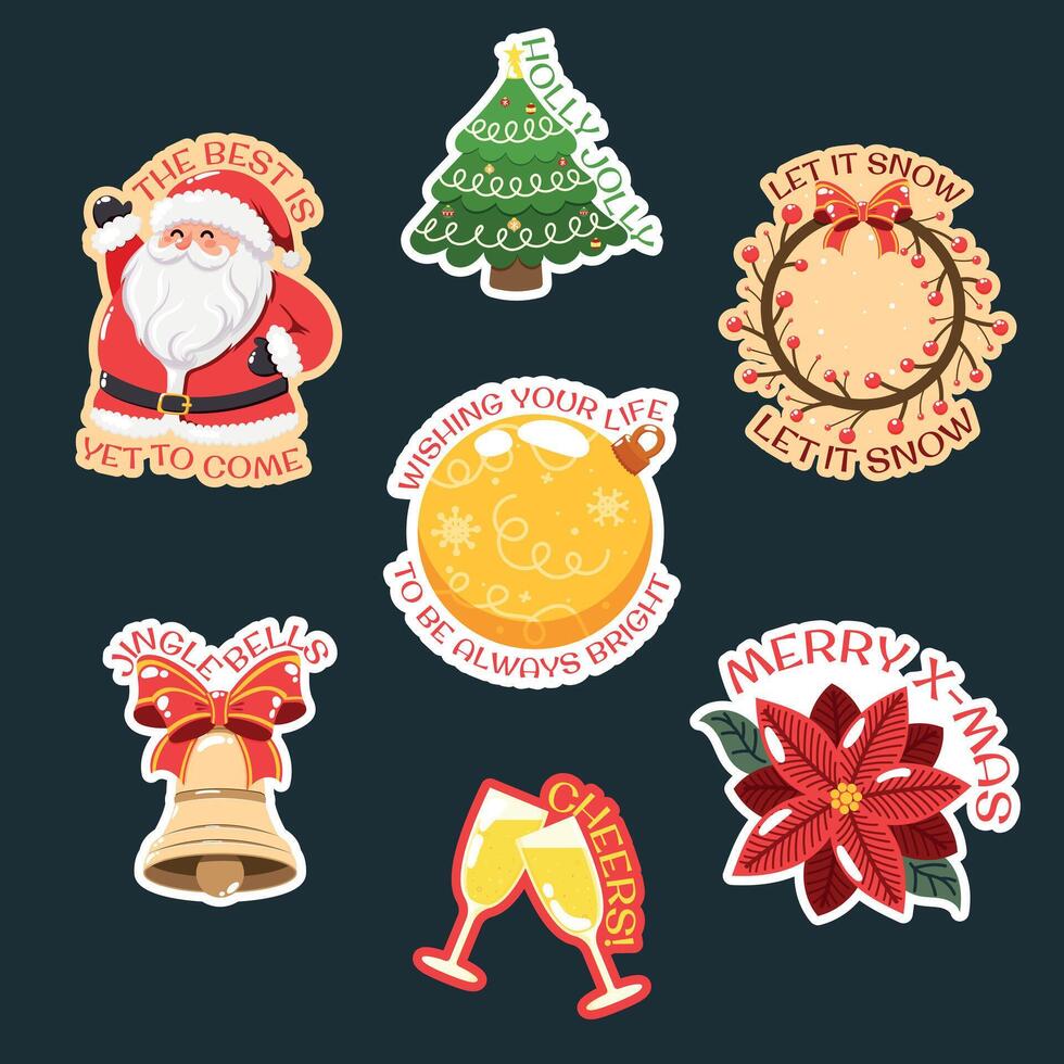 merry christmas and happy new year stickers with text collection, santa claus, christmas tree, bell, balls, wreath, Poinsettia plant, champagne vector