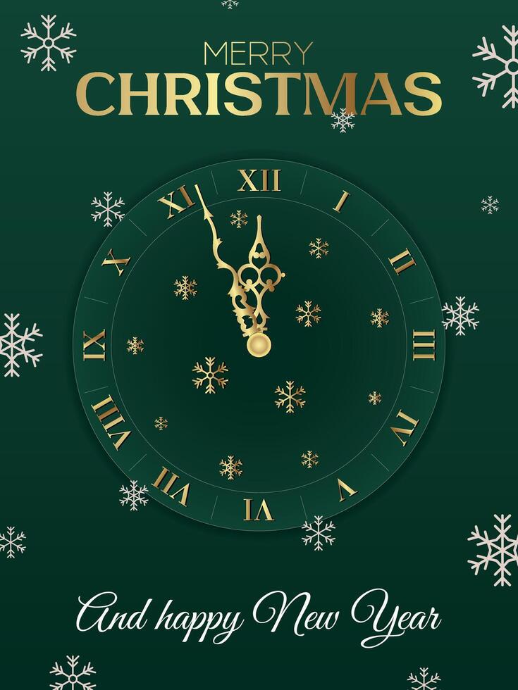 merry christmas and happy new year poster, greeting card with clocks, golden elements and snowflakes vector