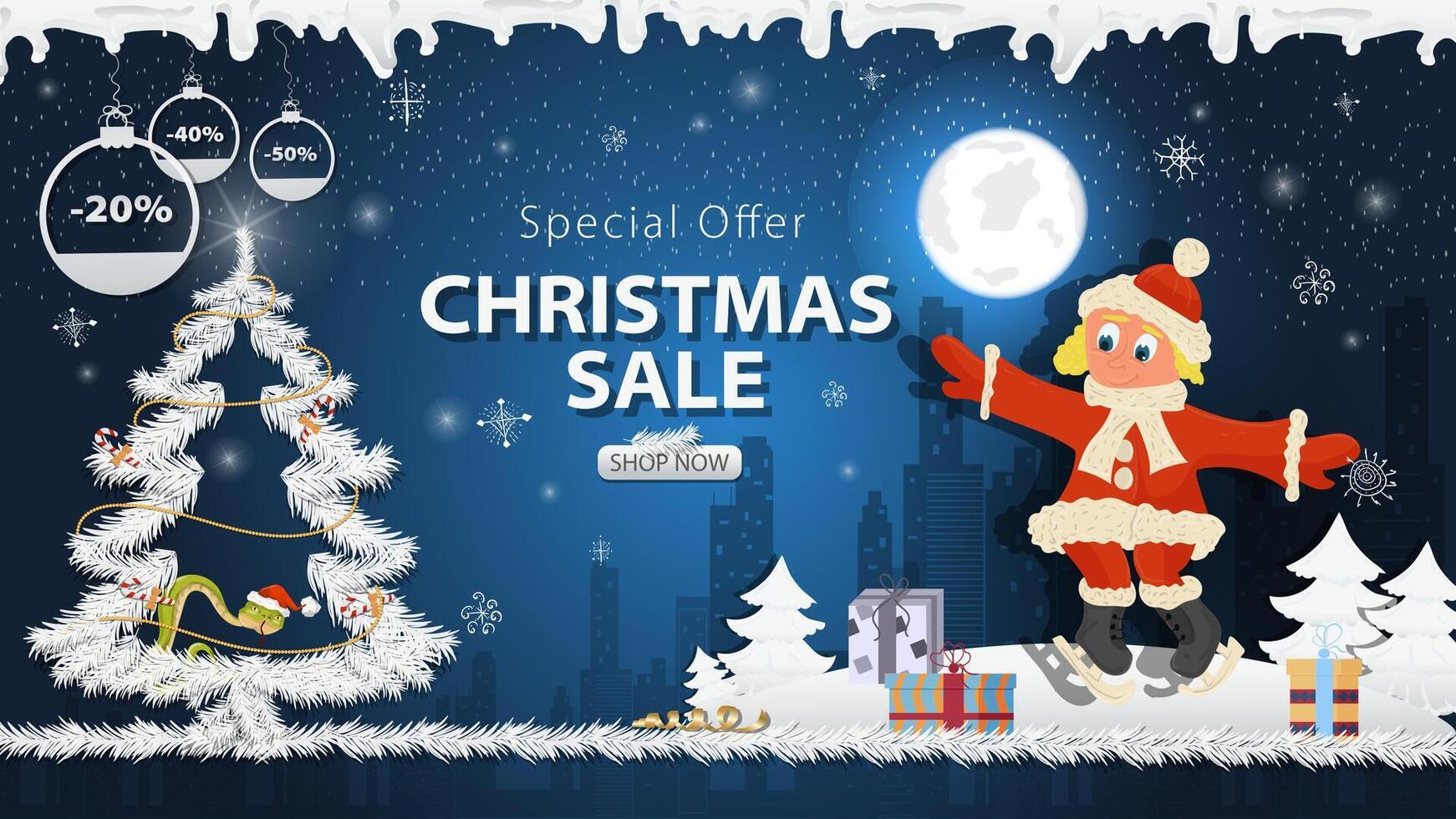Banner special offer Christmas sale A girl in a Santa Claus costume skating next to a festive fir tree in the snow vector