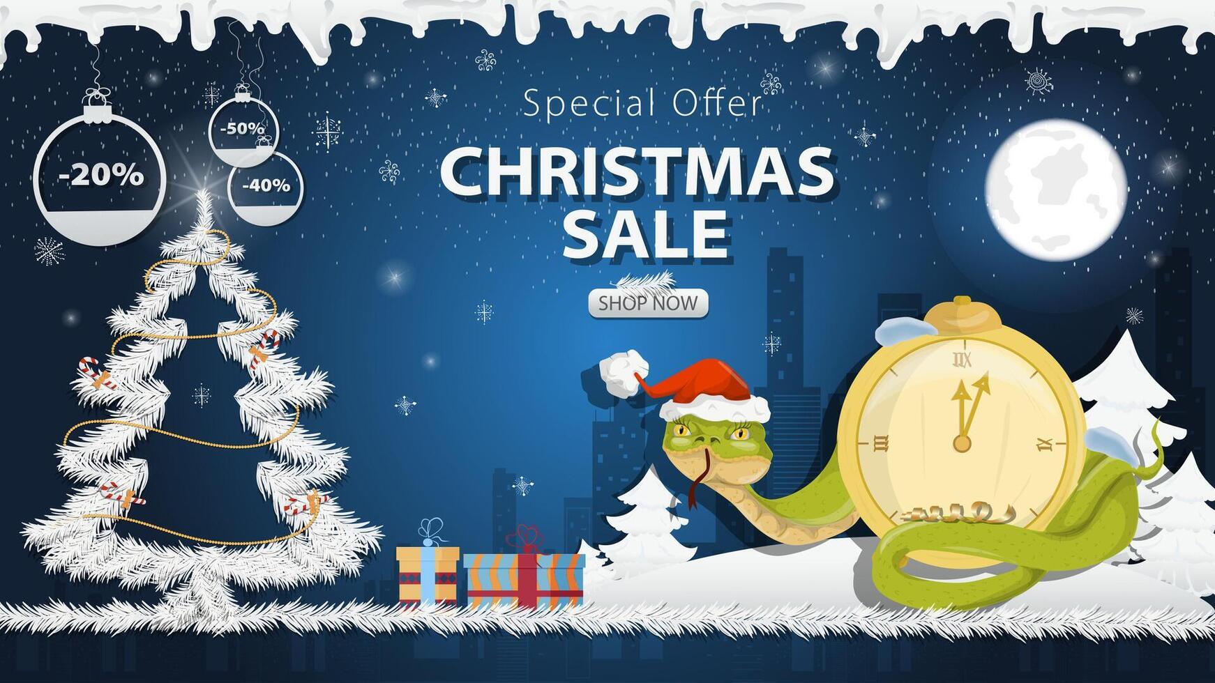 Banner special offer Christmas sale A snake in a Santa hat Wraps around a clock next to a festive fir tree in the snow vector