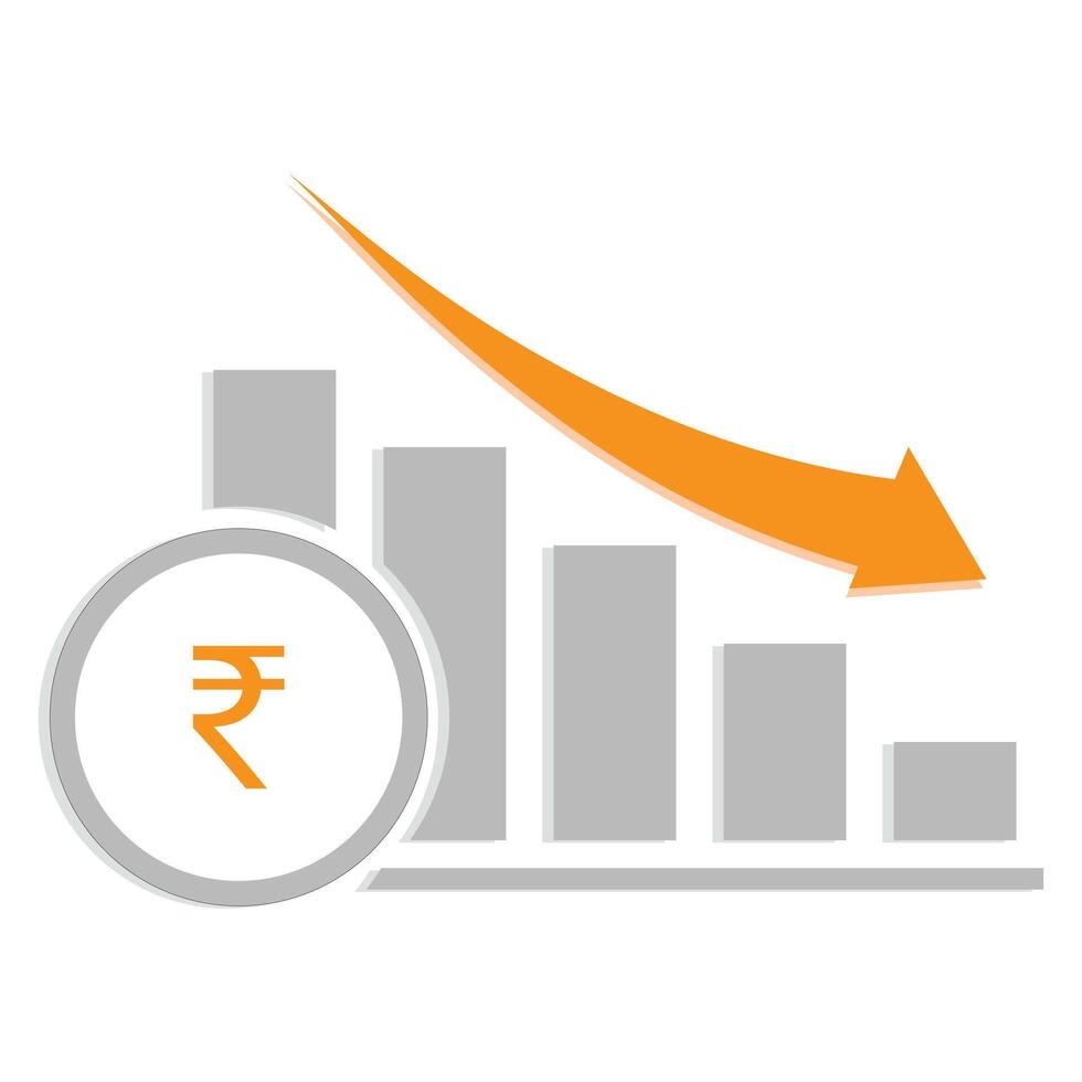 A bar chart with four bars rupee icon down arrow vector