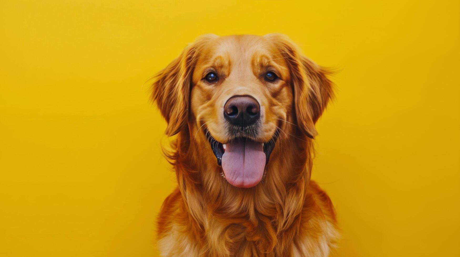 Happy golden retriever with a big smile against a bright yellow background during daylight photo