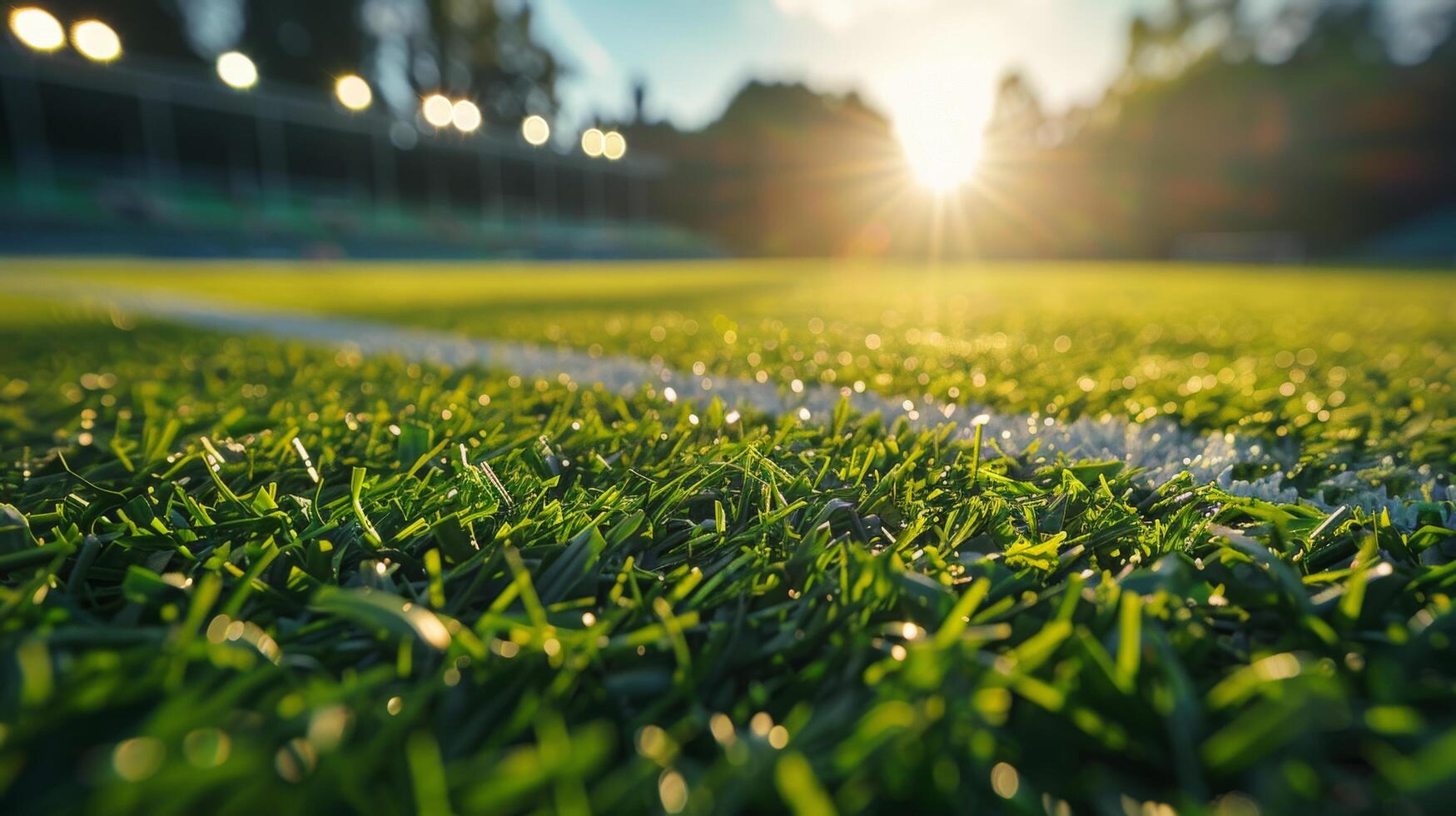 Bright sunlight over a vibrant green grass field in a large stadium during the afternoon photo
