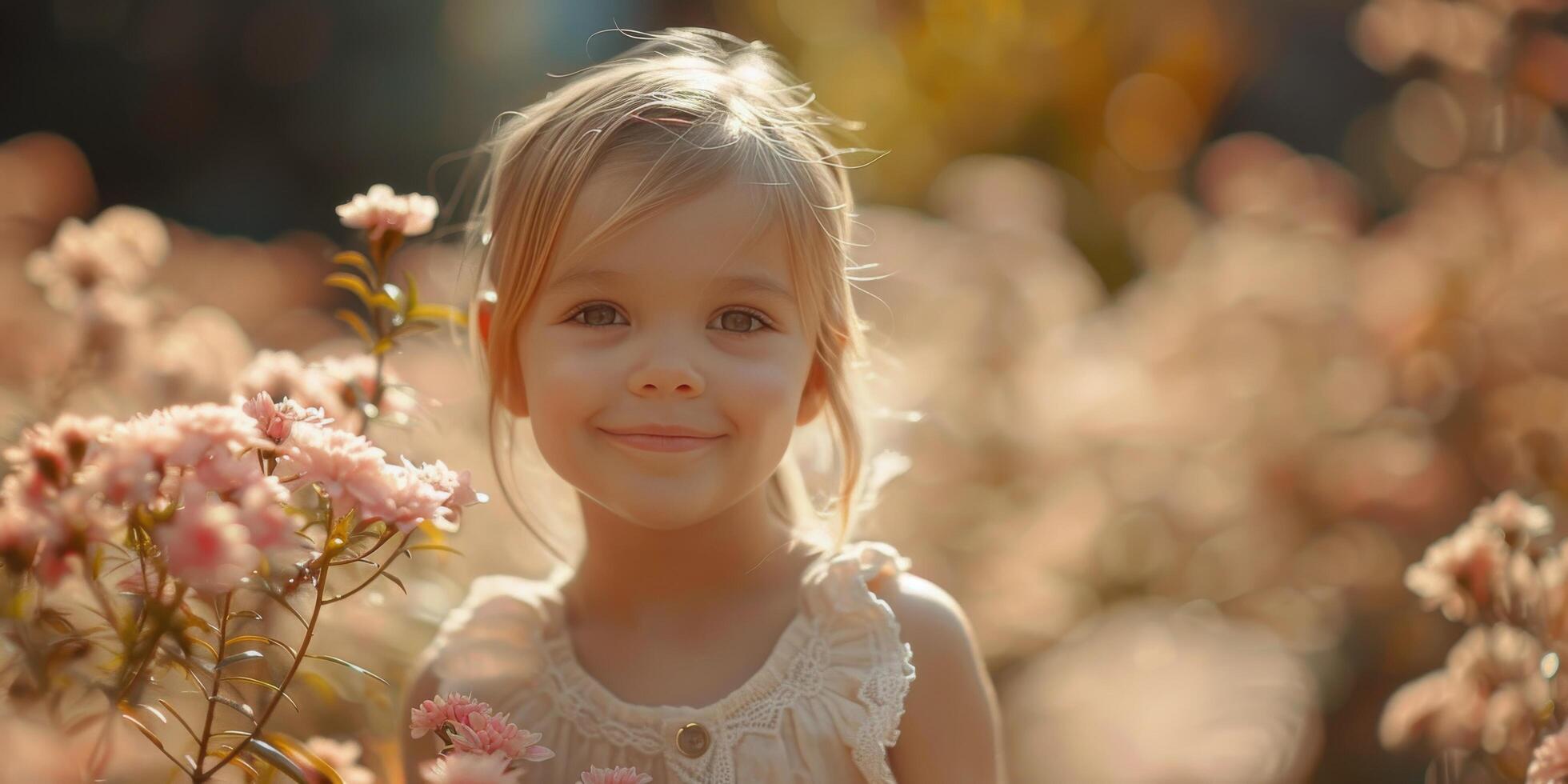 A young girl with a bouquet of flowers stands in a sunlit field during golden hour photo