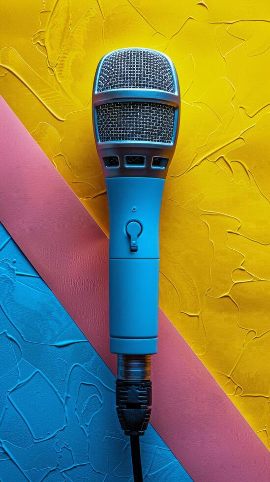 A close up view of a black microphone against a colorful background of purple and yellow hues photo