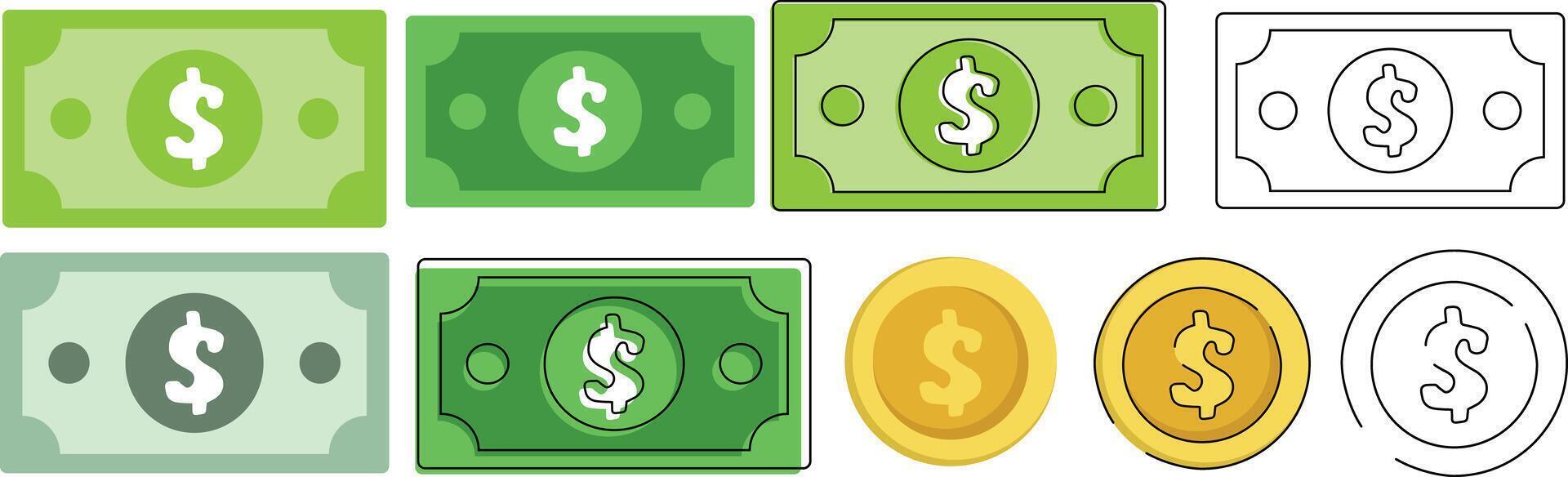 Money illustrations, dollar money bill coin icon set clipart, Money symbols icons, Cash illustrations, Cartoon-style Business finance illustrations, Currency exchange Payment symbols vector