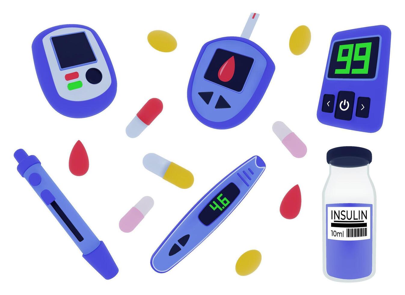 3D illustration of diabetes care tools, including glucose meters, insulin vials, injection pens, and pills. Ideal for healthcare visuals, medical presentations, and diabetes awareness campaigns. vector