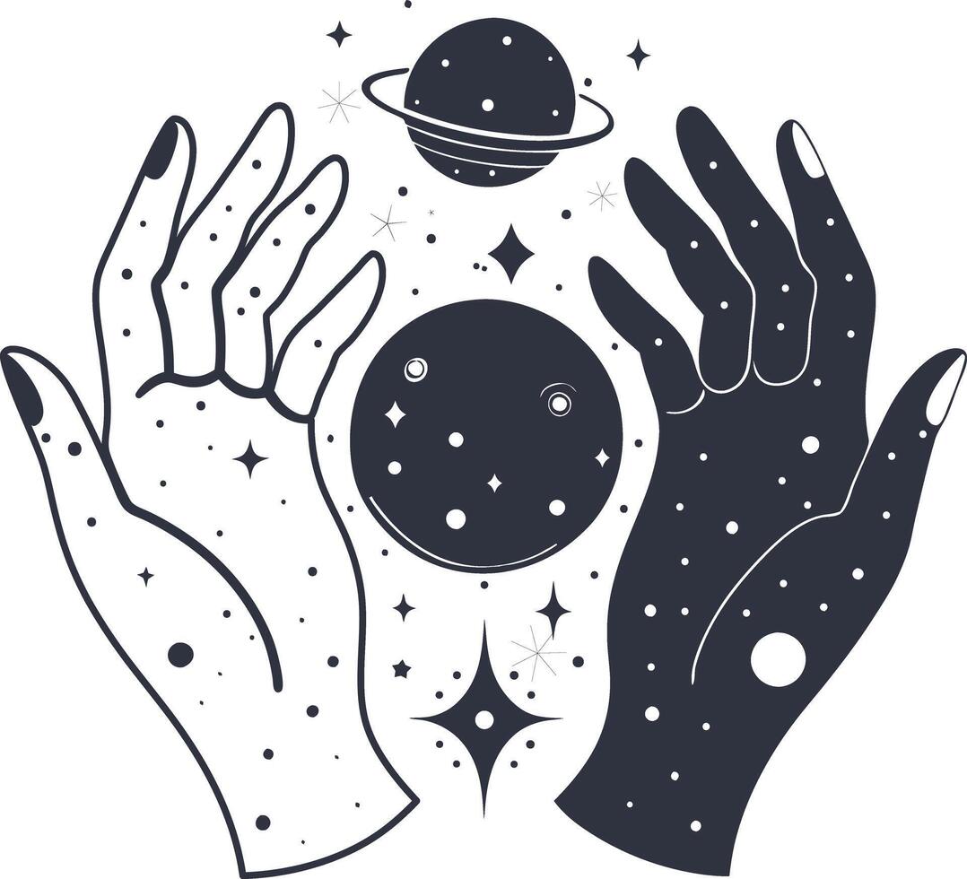 Female hands and mystical esoteric magic planet with stars vector