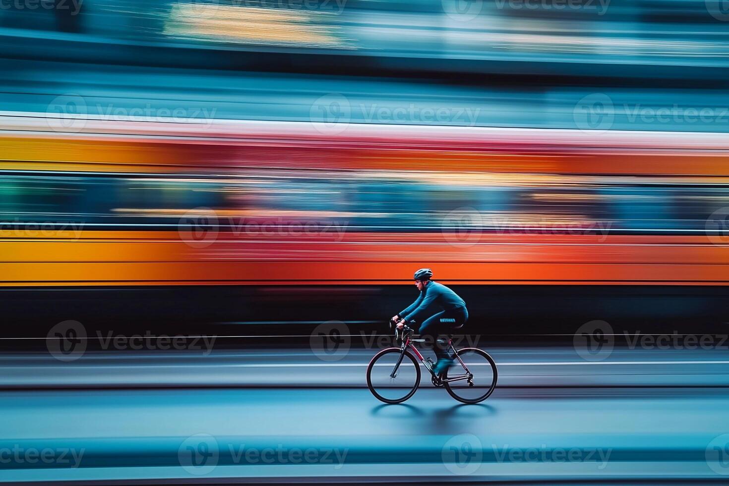 A cyclist riding next to the train, with motion blur and a long exposure, capturing the high-speed photography in a minimalist photo