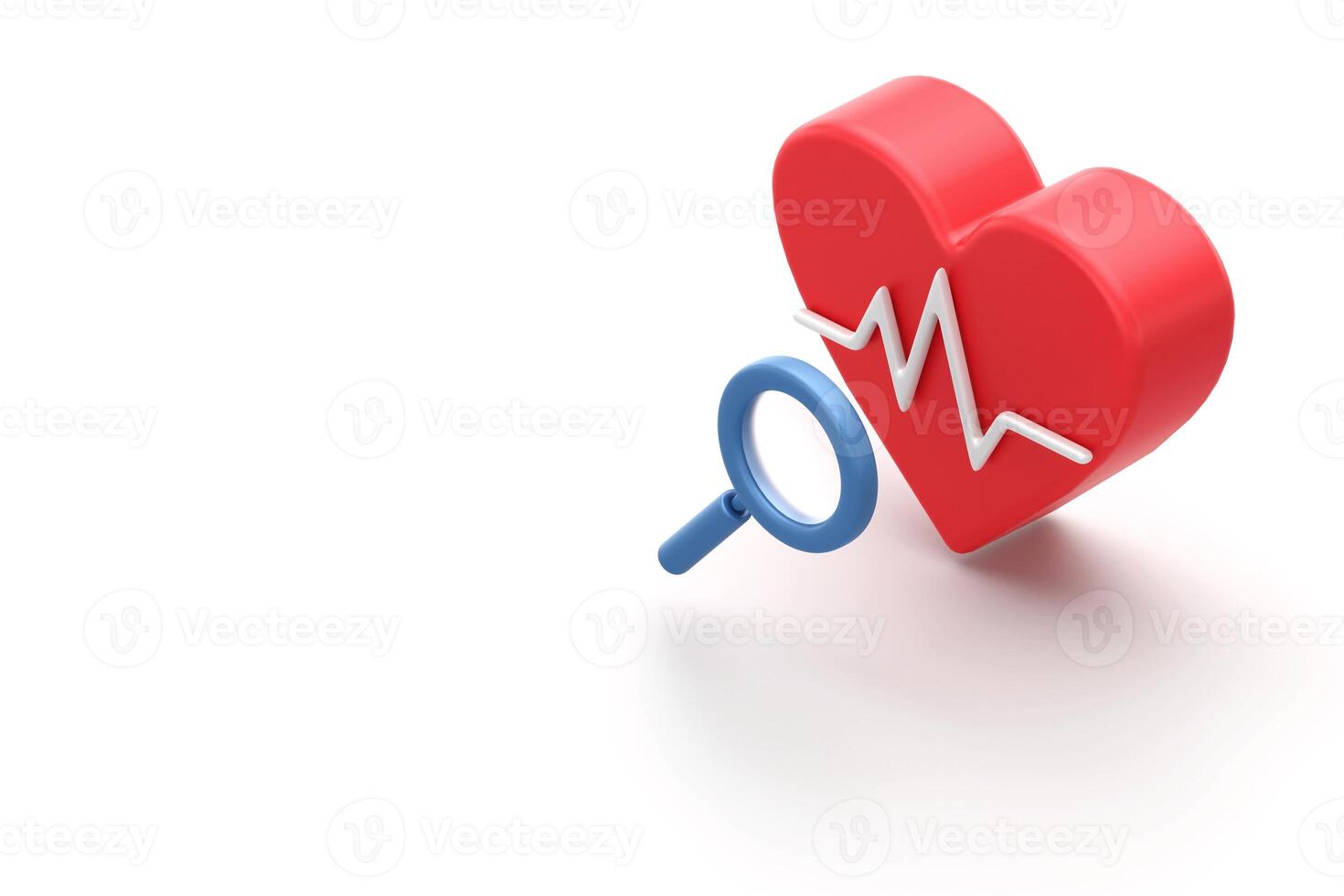 Heart Health Under the Microscope, magnifying glass focuses on vibrant red heart with beating pulse, symbolizing the importance of cardiological care and understanding, 3d rendering photo