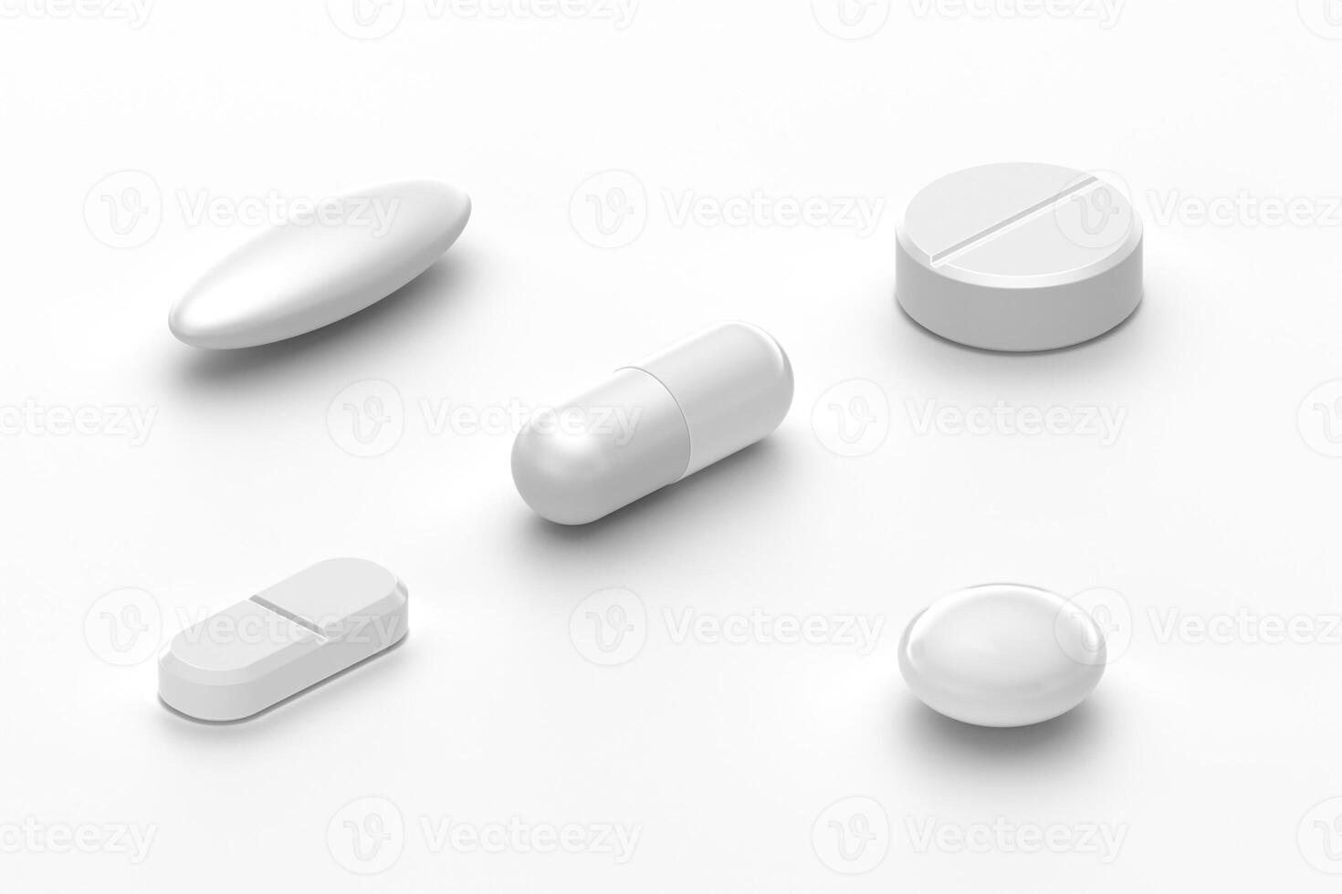 White pill variety pack, medicine, healthcare, and pharmacy close-up isolated on white background, isometric view, 3d rendering photo