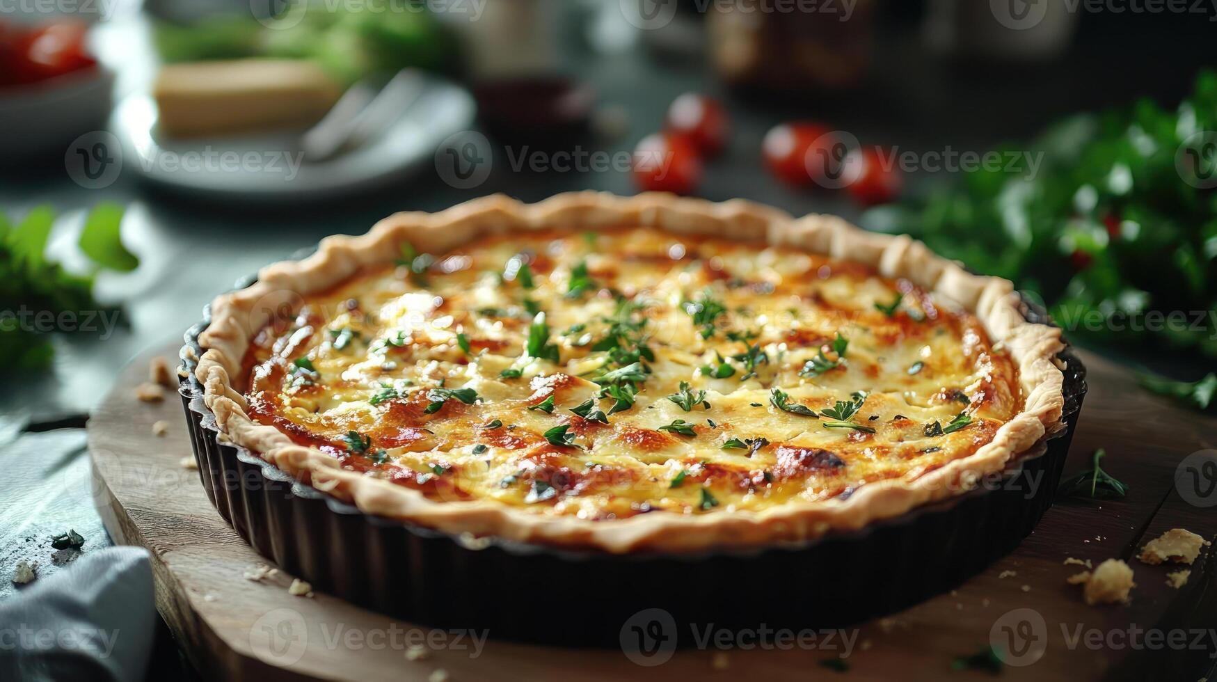 a quiche with cheese and herbs on a cutting board photo