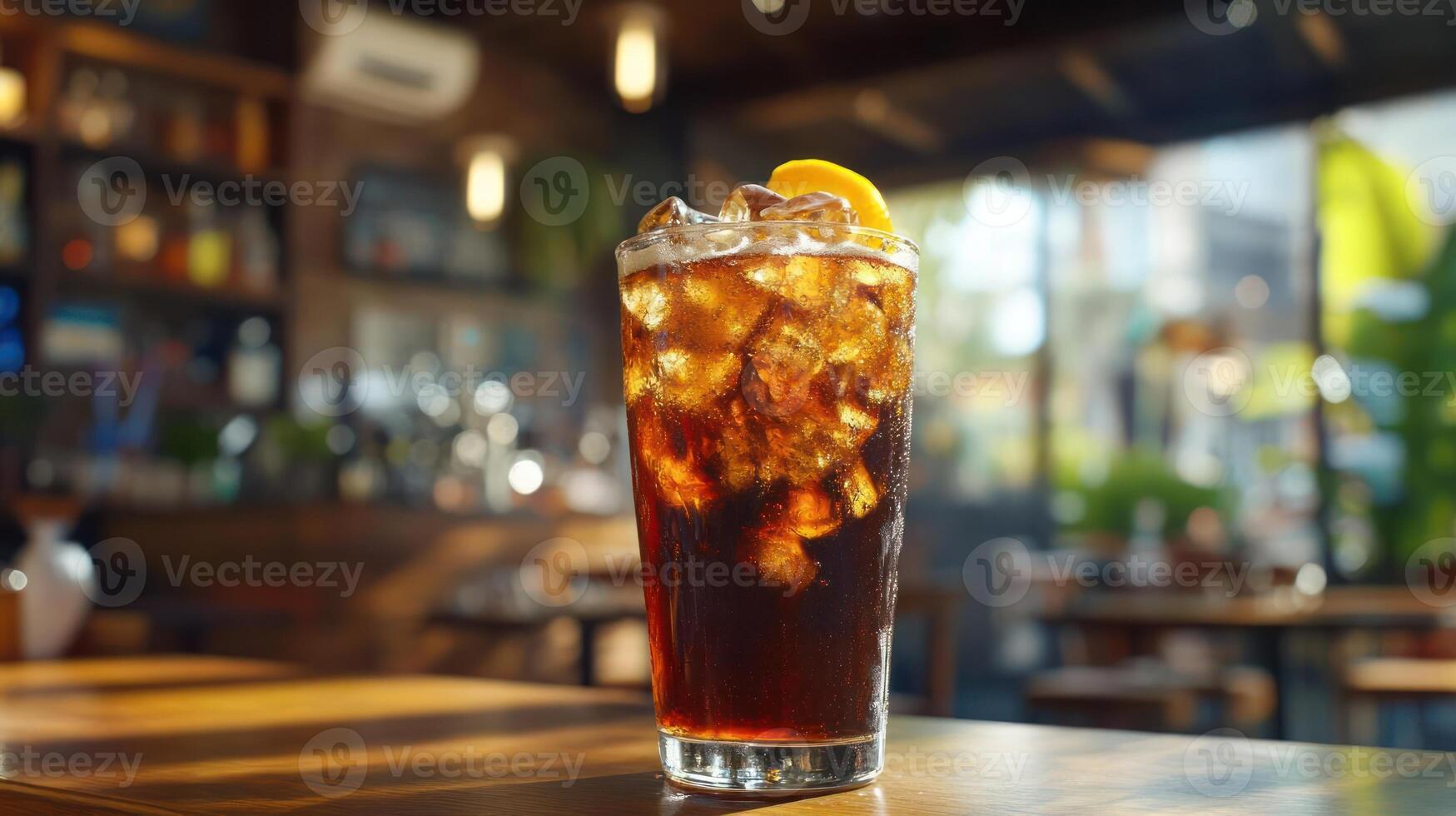a glass filled with ice and a lemon slice photo