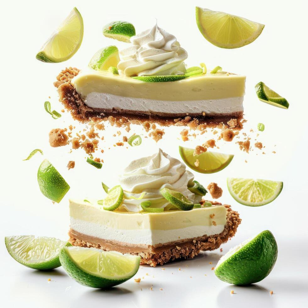a piece of cake with limes and whipped cream photo