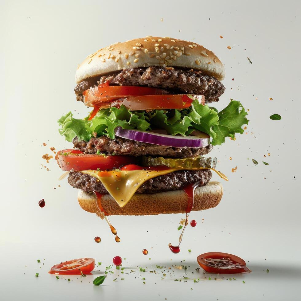 a hamburger flying through the air with lettuce, tomato, onion, and cheese photo