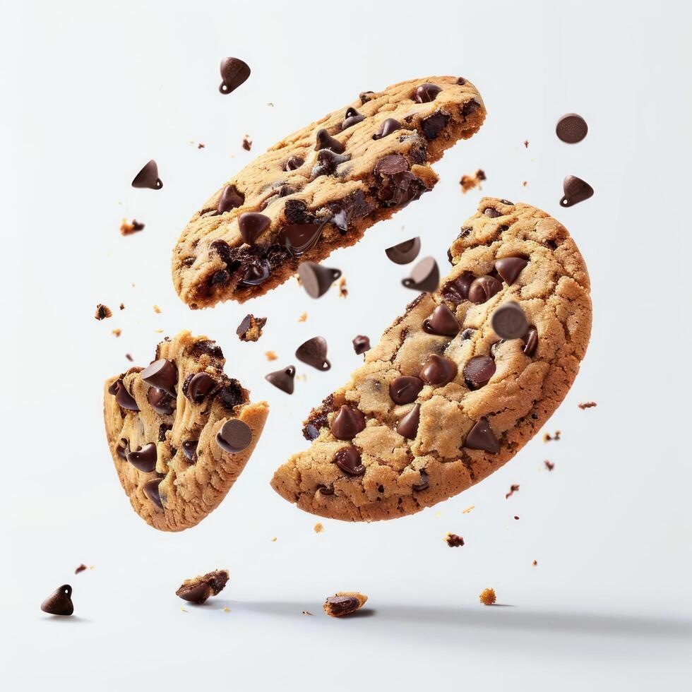 a chocolate chip cookie falling into the air photo