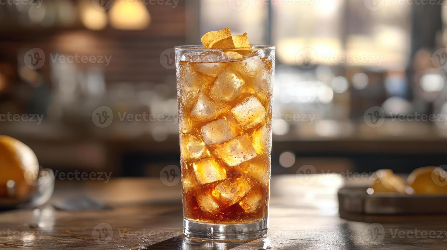 Glass of ice tea on a bar counter. photo