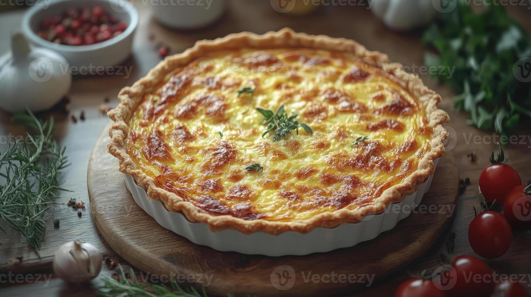 a close-up image of a richly topped cheese pizza in a pie crust, photo