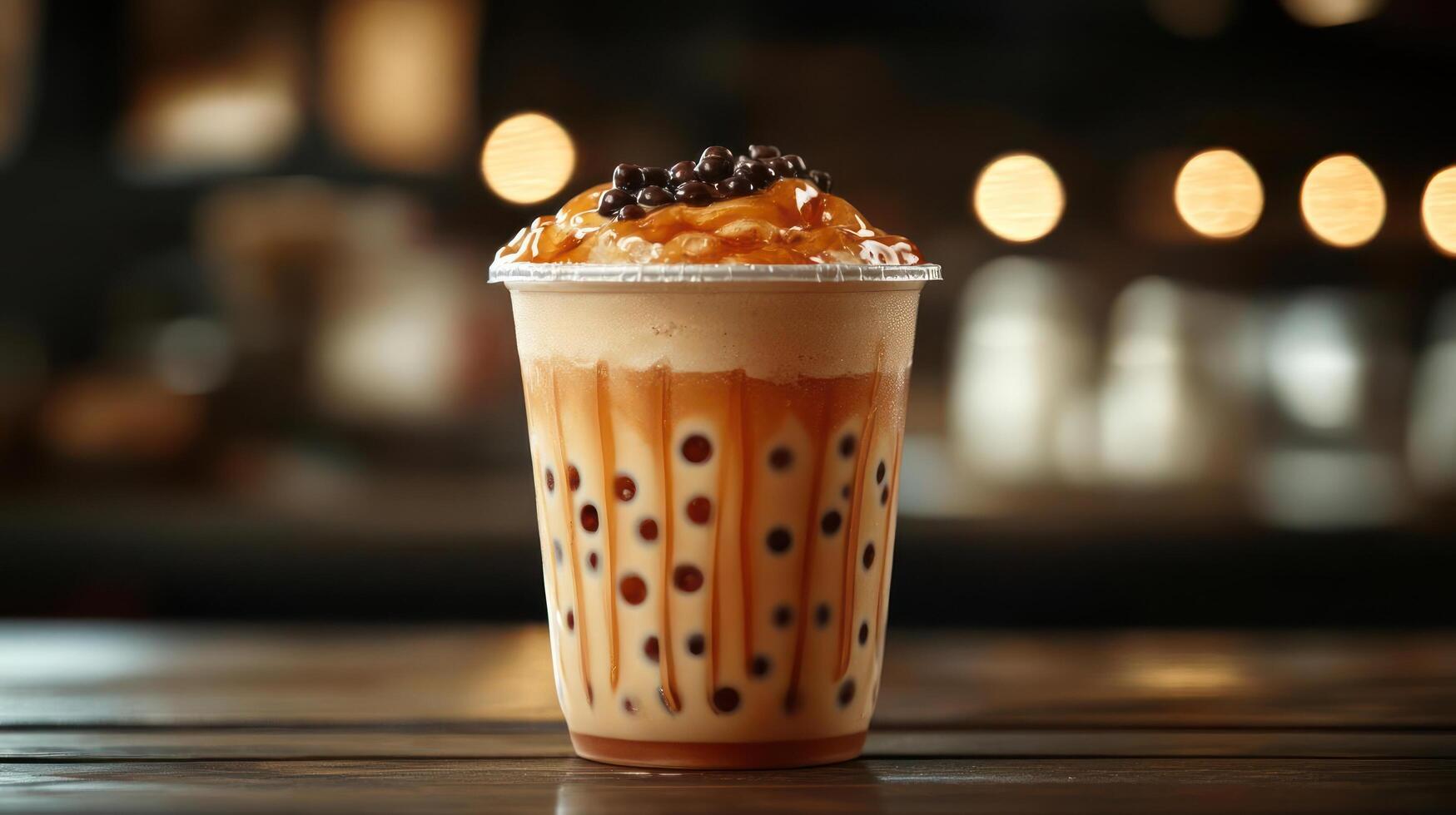 A beige coffee drink with whipped cream and toppings is displayed prominently on a wooden surface, photo