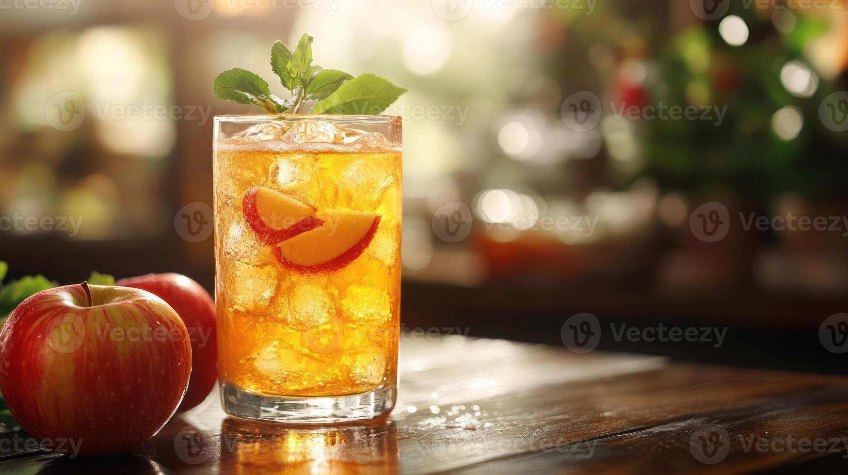 An inviting scene with a refreshing apple tea cocktail and apples, photo