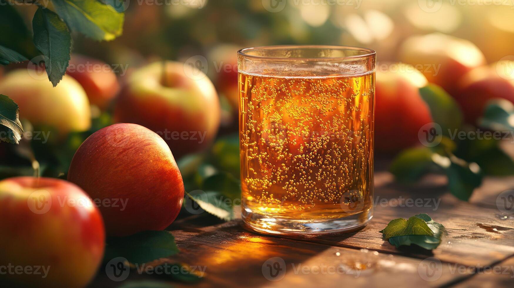 A glass of beer with apple slices in the background, suggesting a refreshing autumnal scene. photo