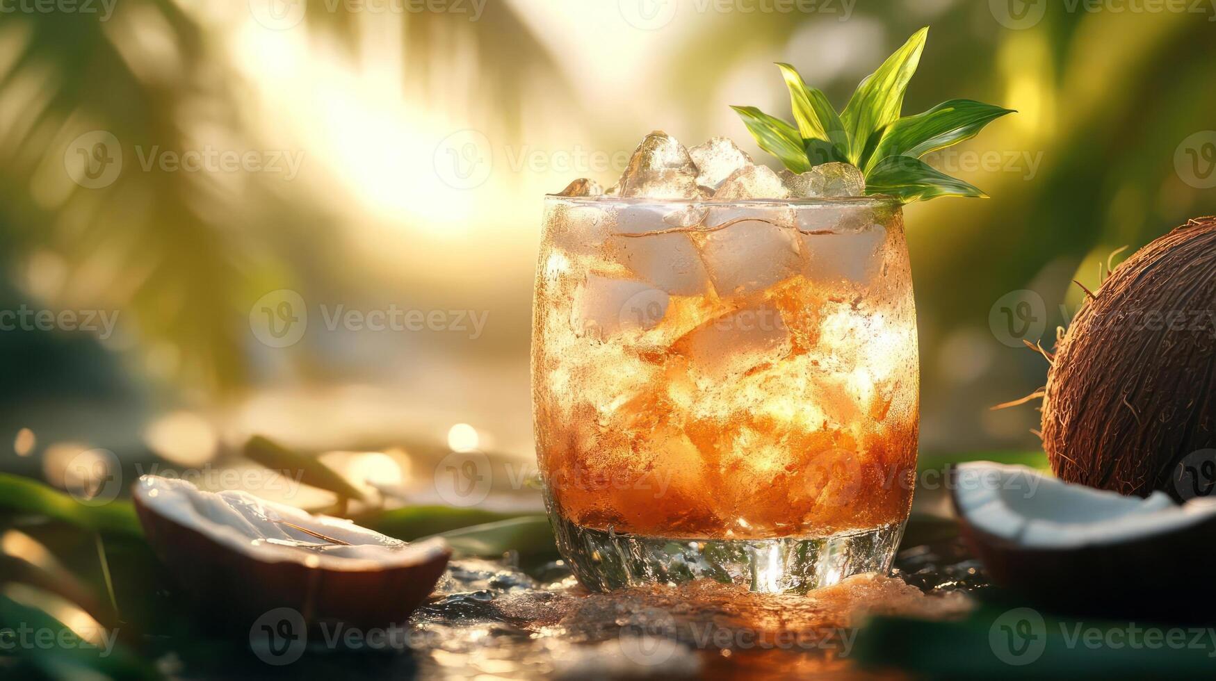 A tropical cocktail with a coconut and honey syrup, garnished with a mint sprig, photo