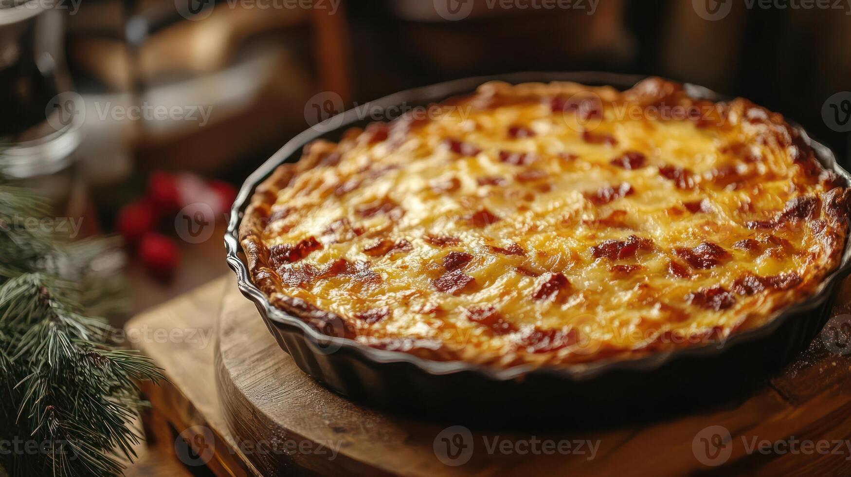A close up of a delicious looking bacon topped pizza in a pan, sitting on a wooden table, photo
