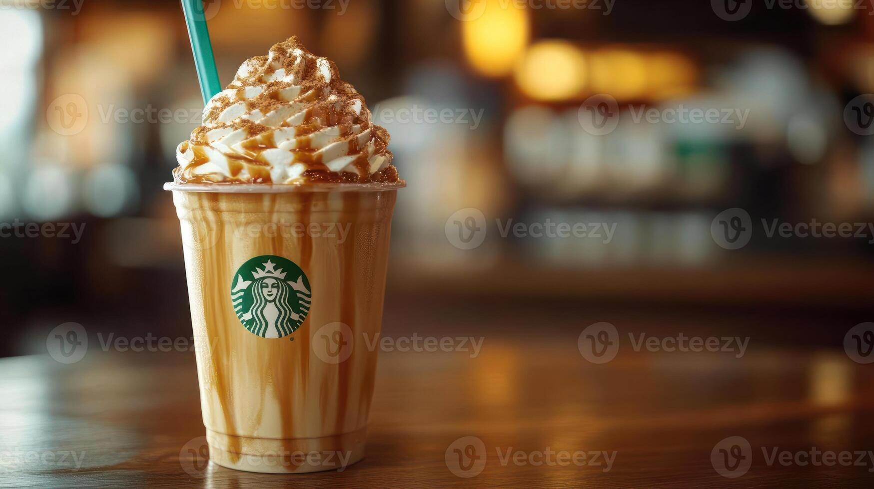 Starbucks foam latte with caramel drizzle and whipped cream, sitting on a wooden table at a cafe. photo