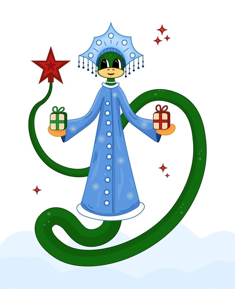 Cute Green snake in a Snow Maiden costume. illustration of 2025 symbol. Snake Snow Maiden in a blue coat and kokoshnik. Design element for New Year and Christmas theme. vector