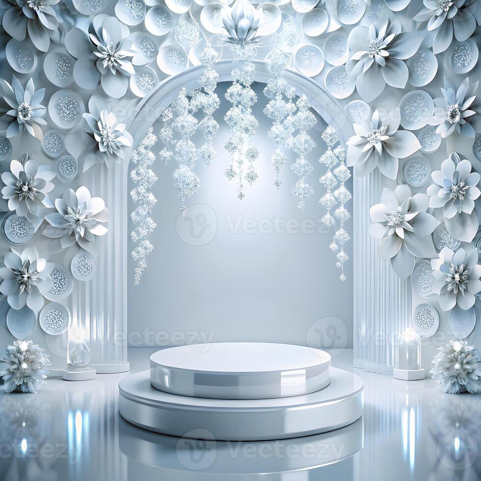 3d rendering of a white stage with flowers and lights photo