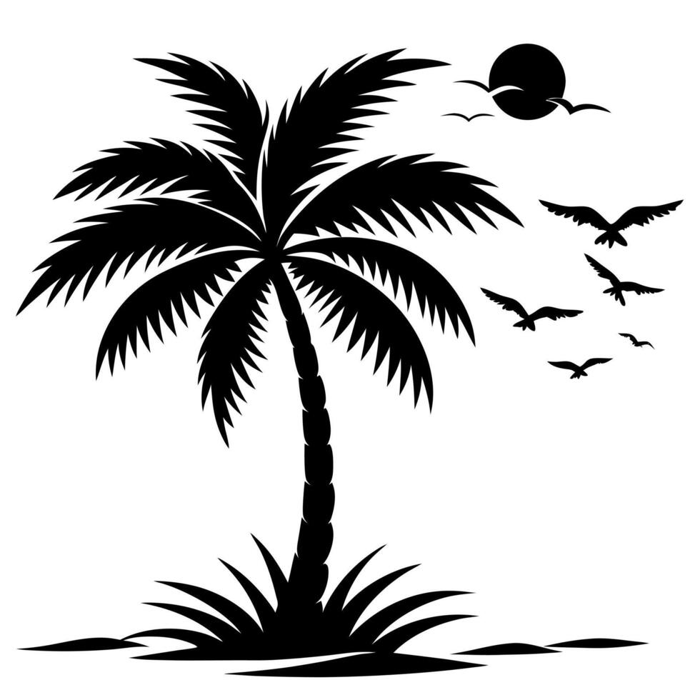 A coconut tree in seaside hill and flying birds silhouette illustration vector