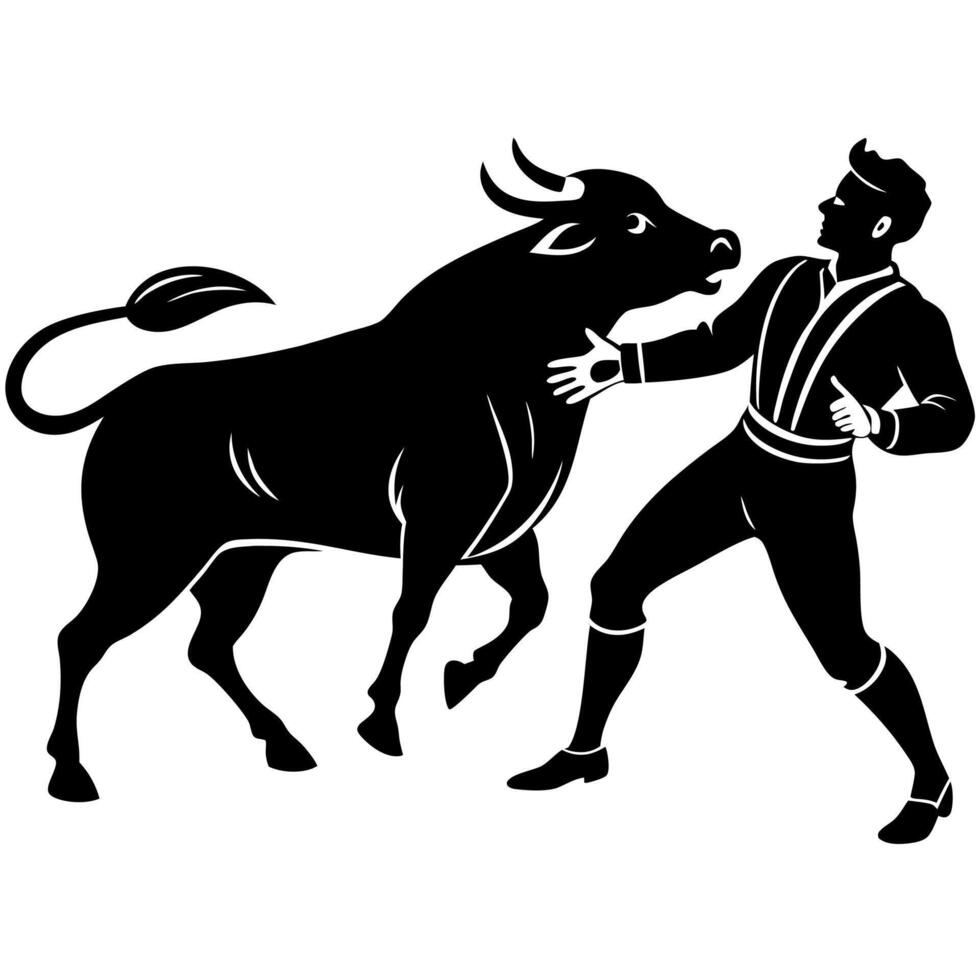 A man fighting with angry bull silhouette illustration vector