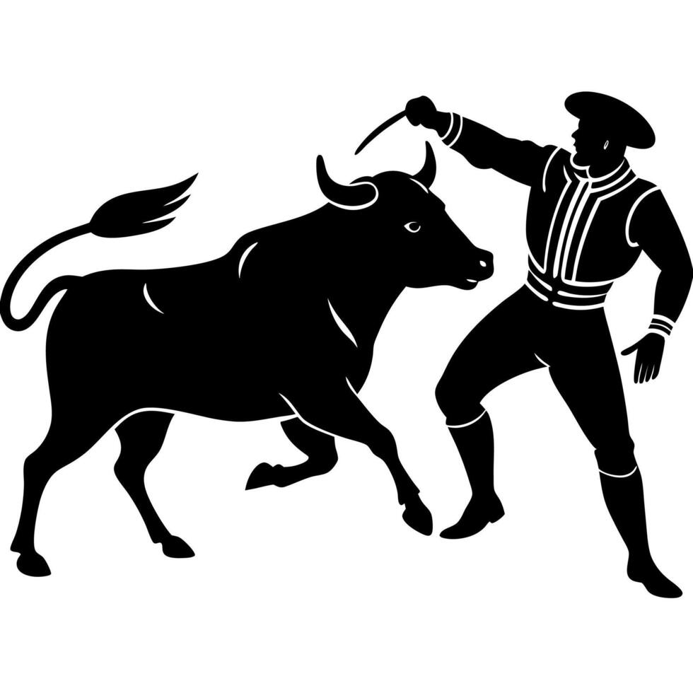 A man fighting with angry bull silhouette illustration vector