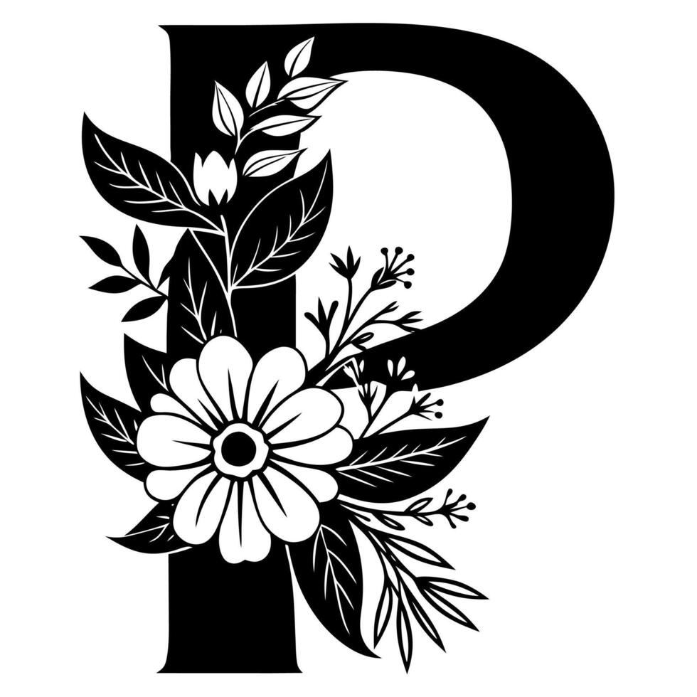 Floral Alphabet Letter P silhouette illustration vector