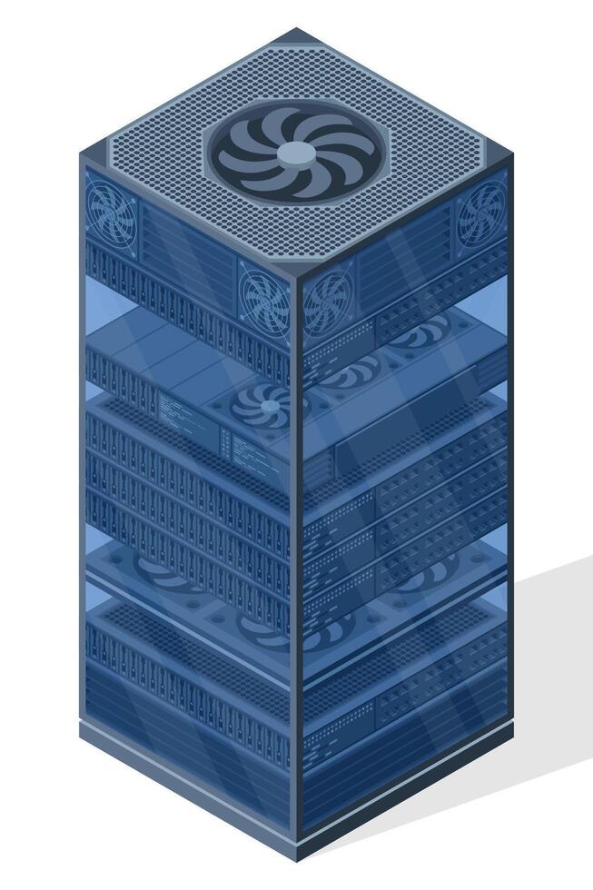 Isometric server. Server racks. Server boxes isolated. Network server room. Computer network technology. illustration vector