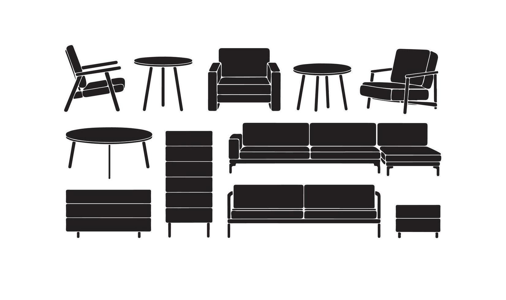 A set black and white silhouette Furniture collection isolated on a white background. vector