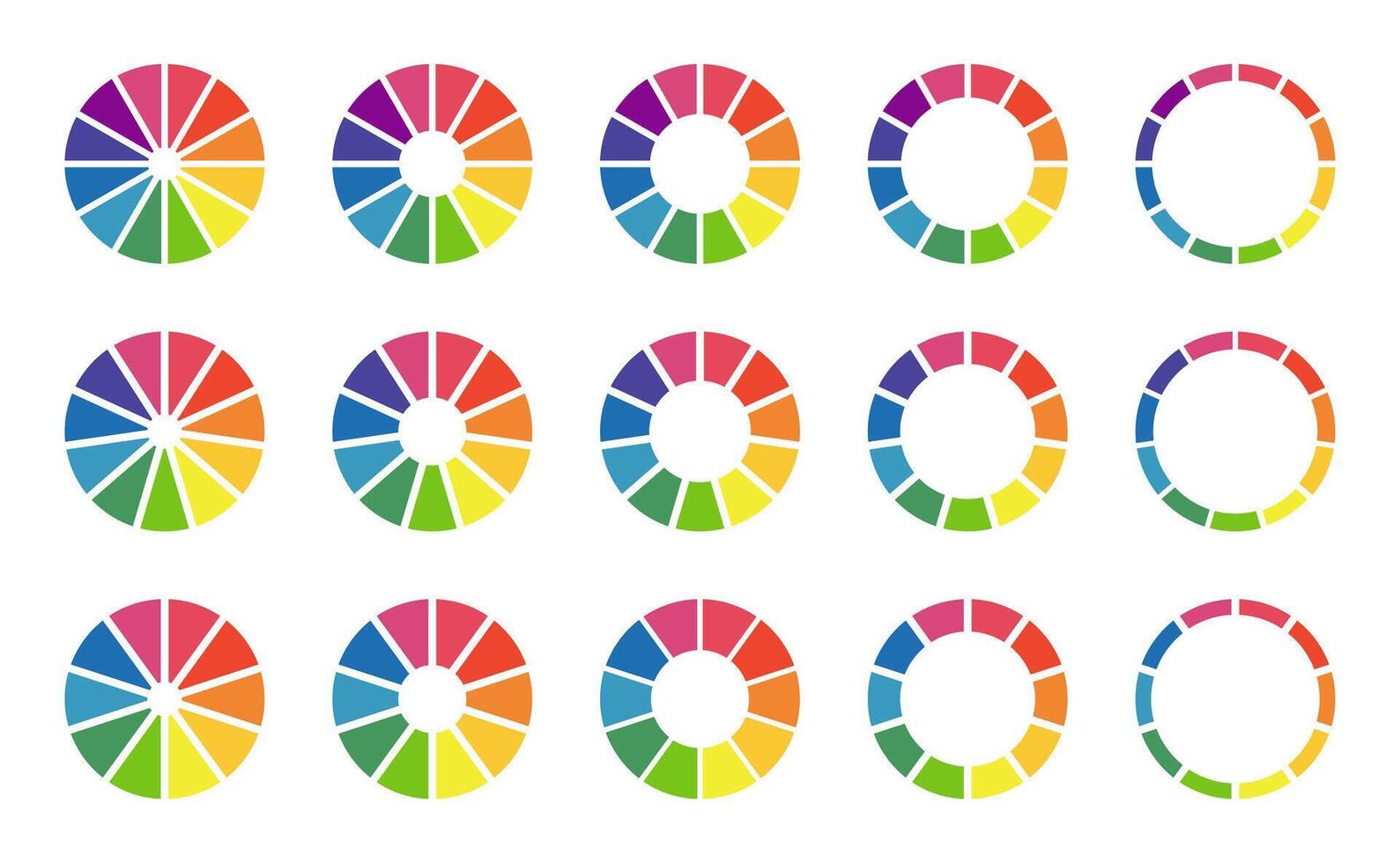Donut charts, pies segmented on 10, 11, 12 equal parts. Wheels divided in sections. Diagrams infographic multicoloured collection. Circle section minimalist graph. Pizza chart round icon. Loading bar. vector