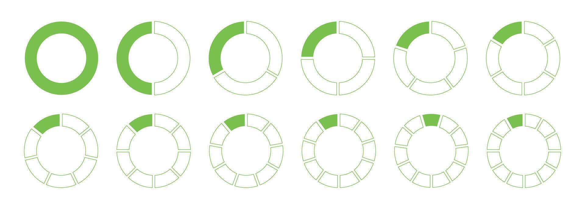 Circles divided diagram 1, 2, 3, 10, 7, 8, 9, 10, 11, 12 equal parts. Coaching blank round template. Graph icon pie, pizza shaped sectional charts. Segmented green wheels. Divide infographic icons. vector