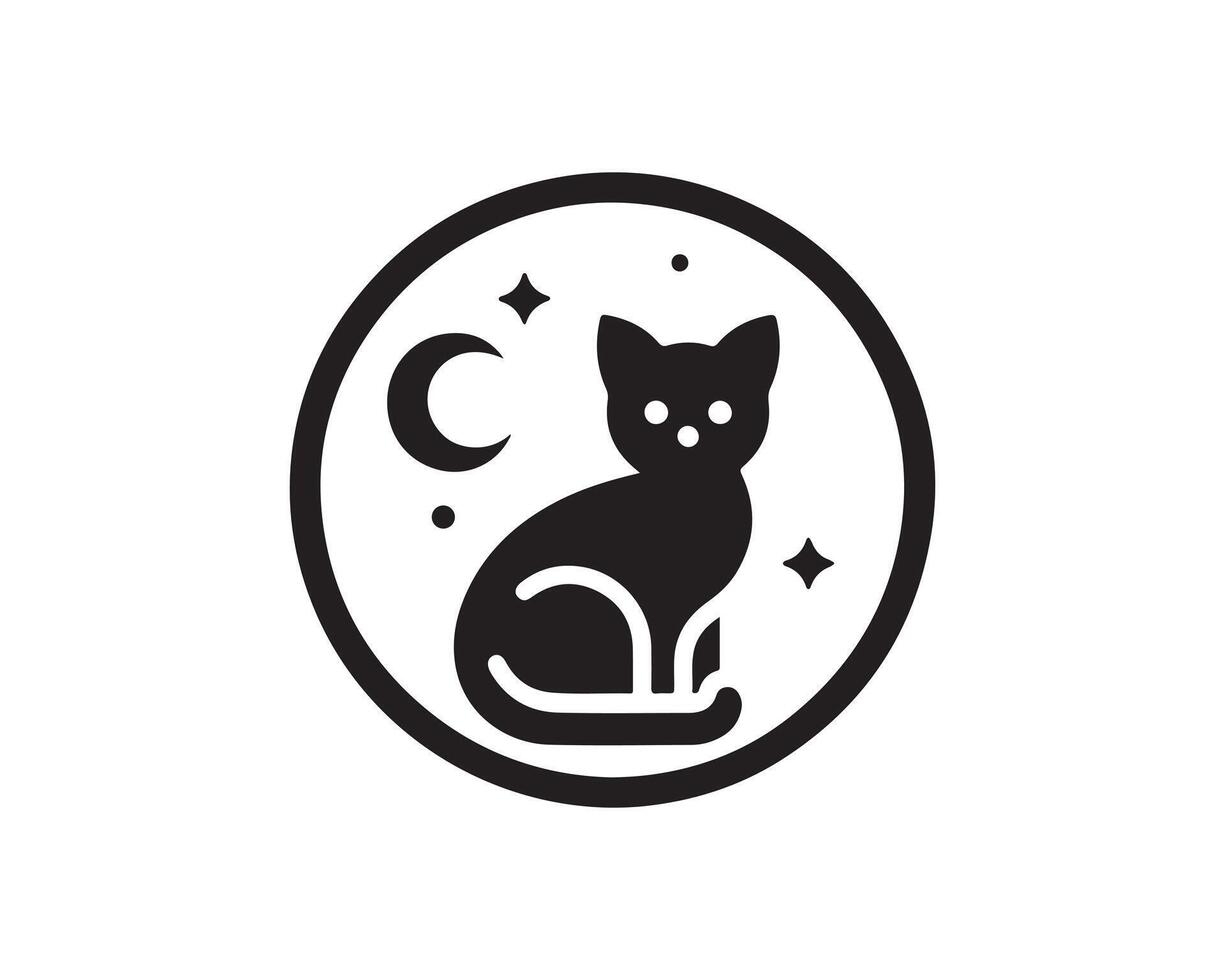 A black and white logo of a cat sitting on a crescent moon vector