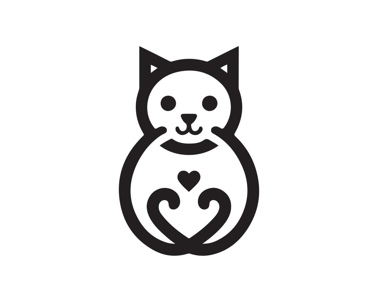 A black and white cat logo with a heart vector