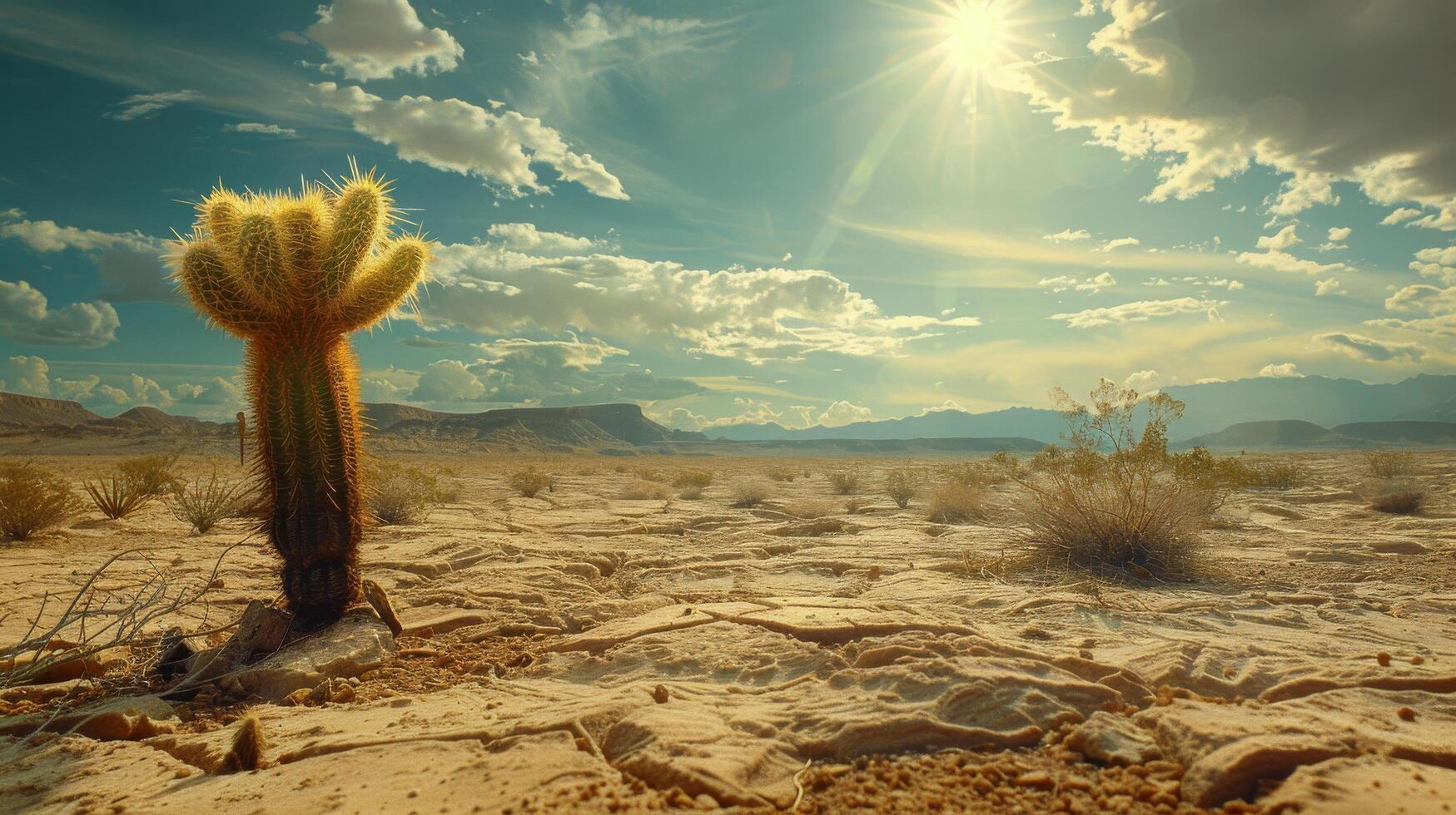 A solitary cactus stands on cracked desert earth under a bright sunlit sky in the afternoon photo