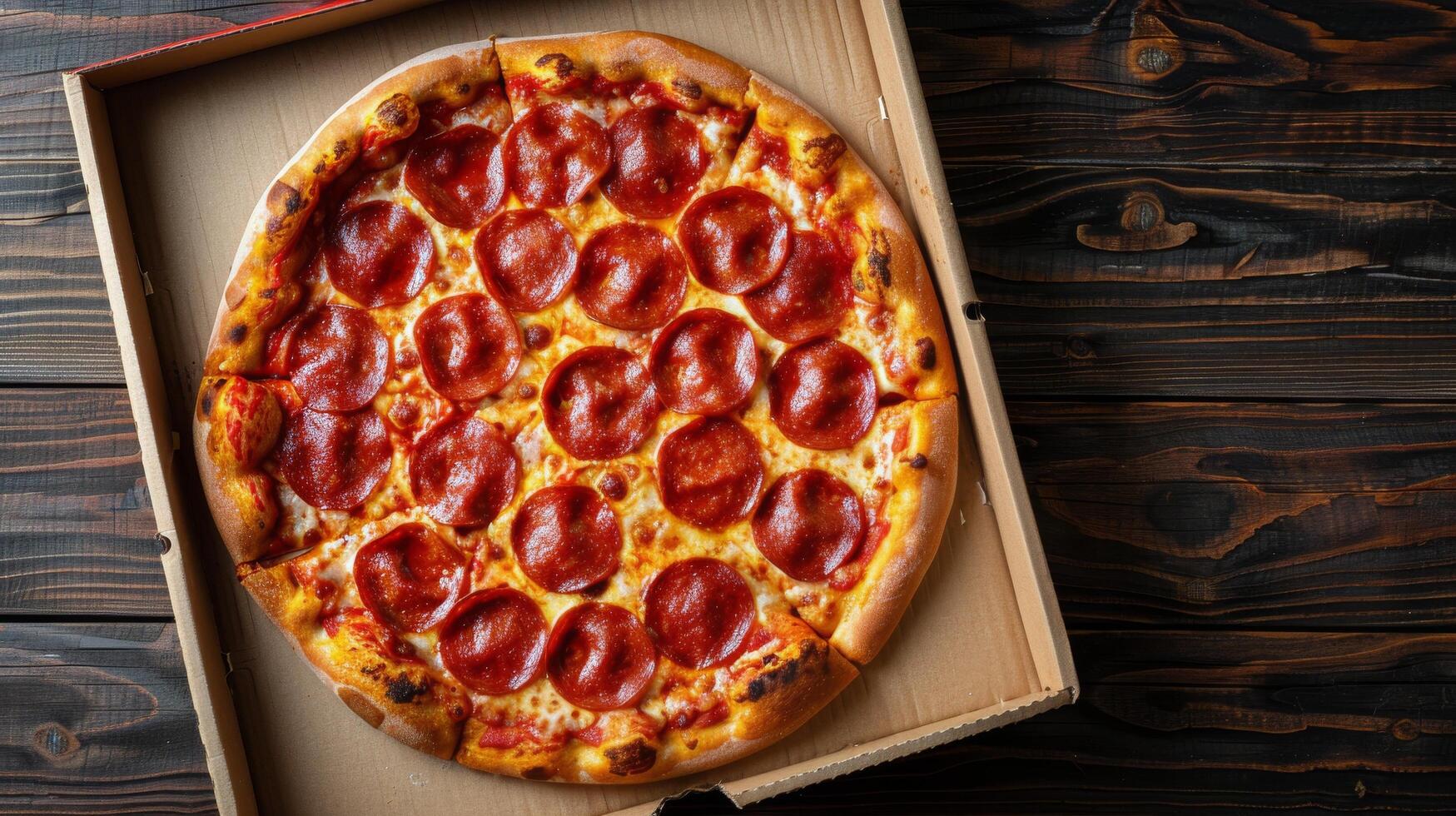 Freshly baked pepperoni pizza with sliced peppers in a delivery box on a wooden table photo