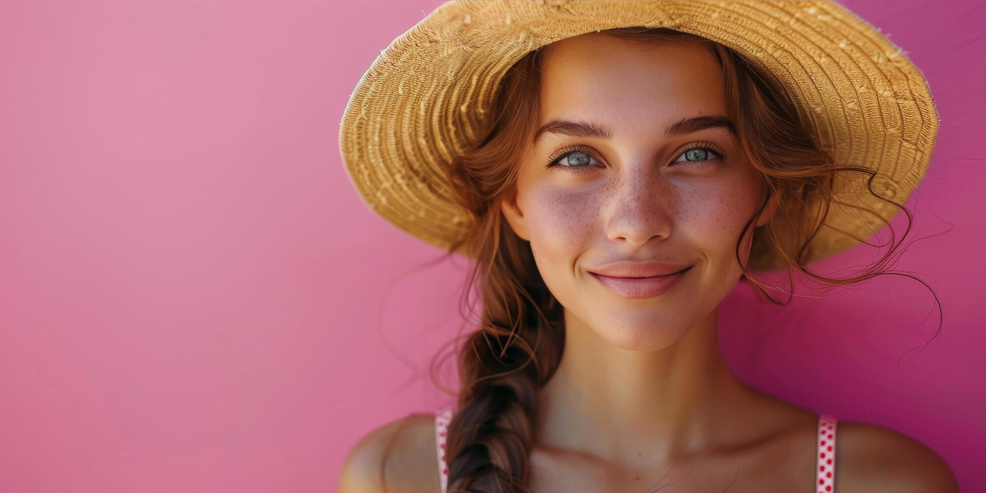 Young woman in a straw hat smiles brightly against a vibrant pink wall in summer photo