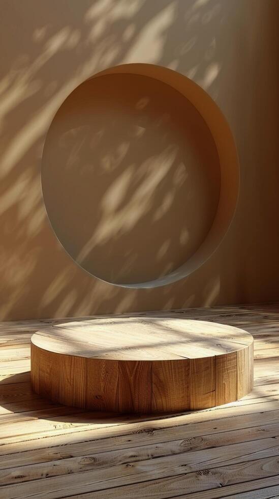 Minimalist wooden platform against a circular wall feature in natural light photo