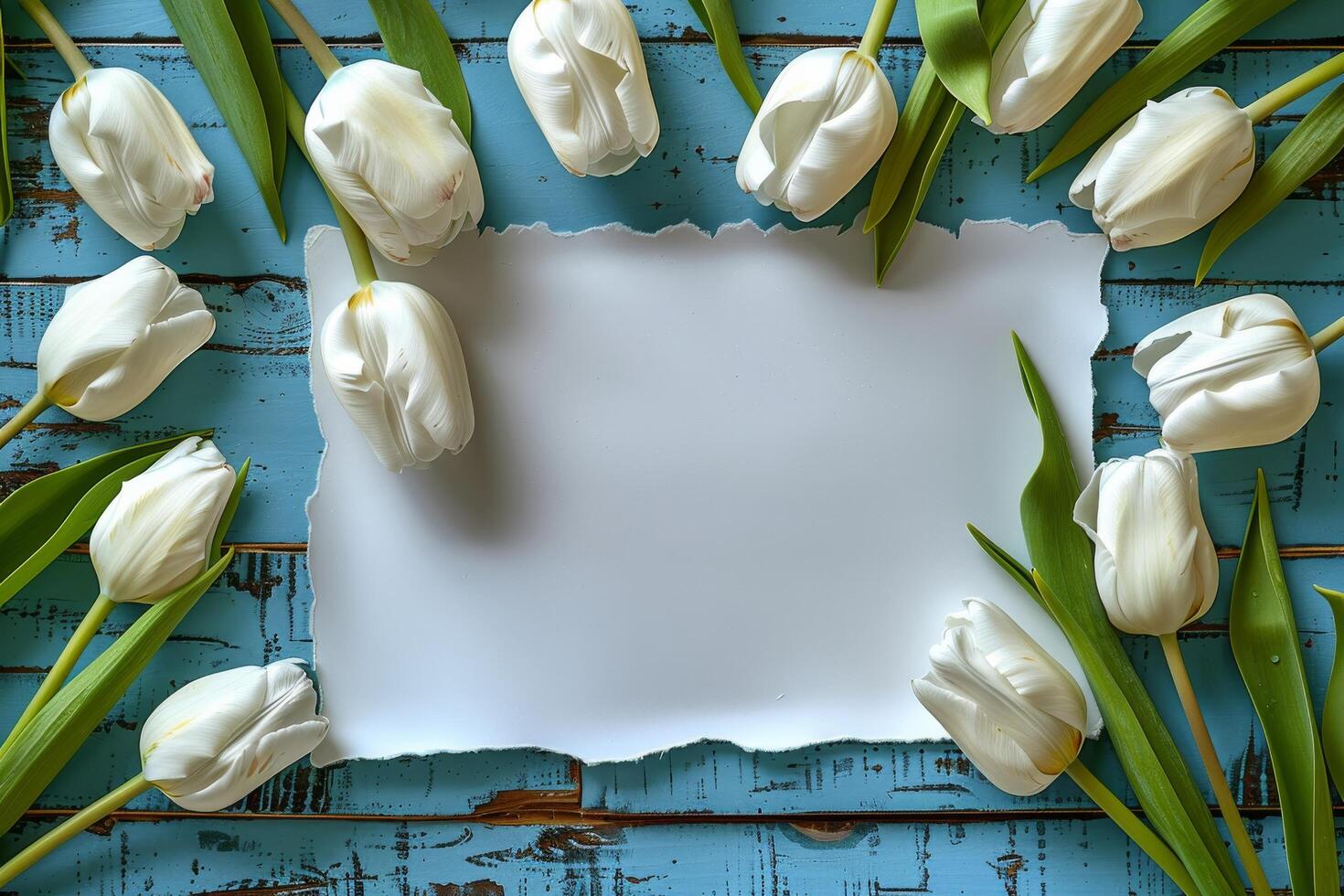 White tulips arranged around a blank card on a wooden table for personal messages and notes photo